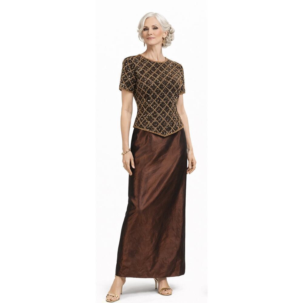 VTG 90s Adrianna Papell Occasions Beaded Silk Top & Iridescent Skirt Glam Set 8P